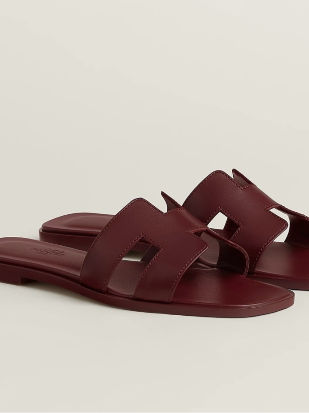 Hermes Burgundy Leather H Sandal Slides
